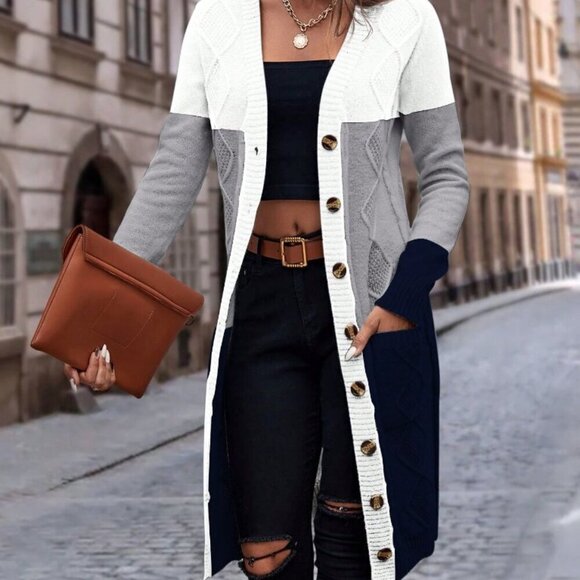 Sweaters - Multicolor Casual Women's Long Sleeve Color Block Cardigan
